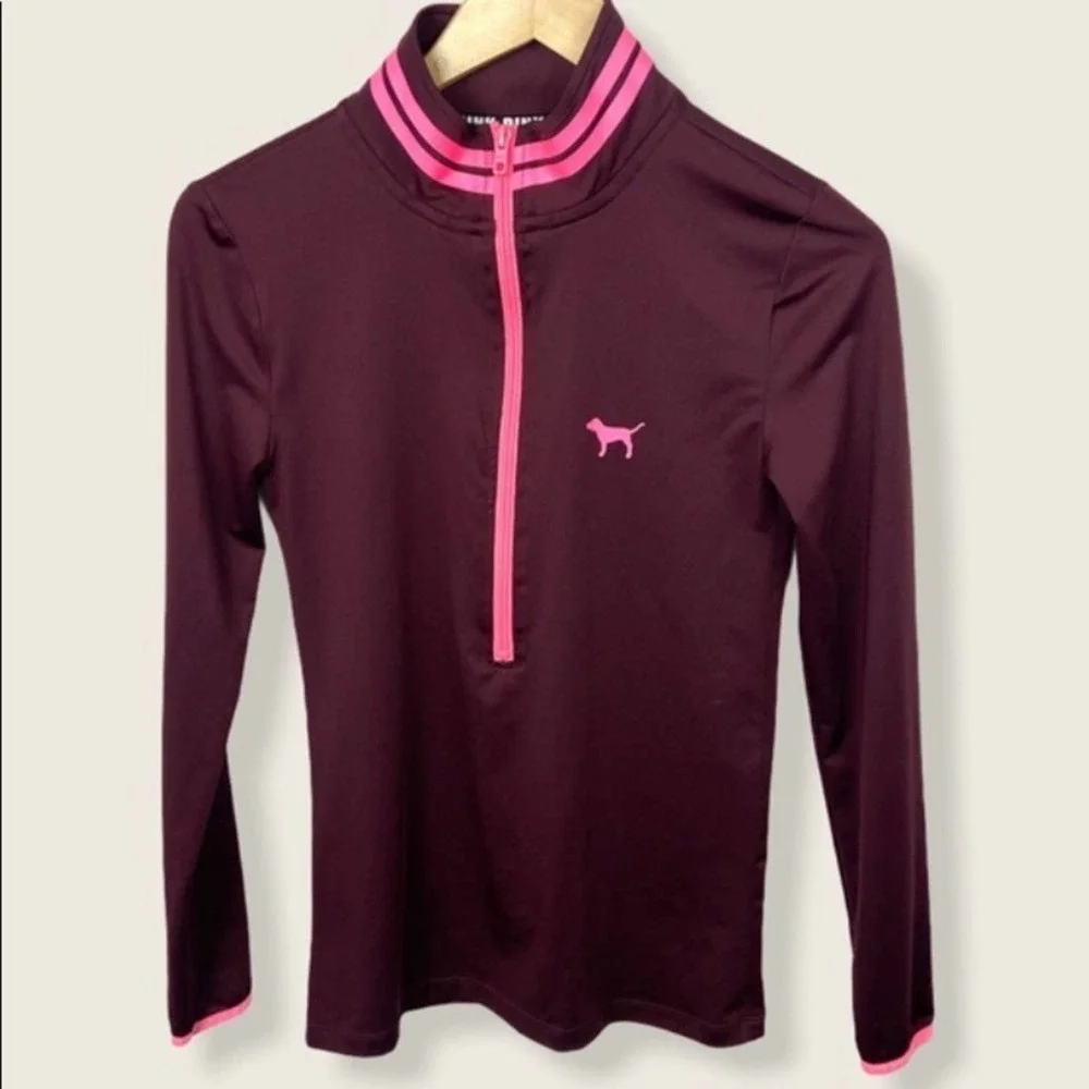 Victoria's Secret PINK Ultimate Pullover Quarter Zip Women's Shirt Maroon Size S - Picture 3 of 4